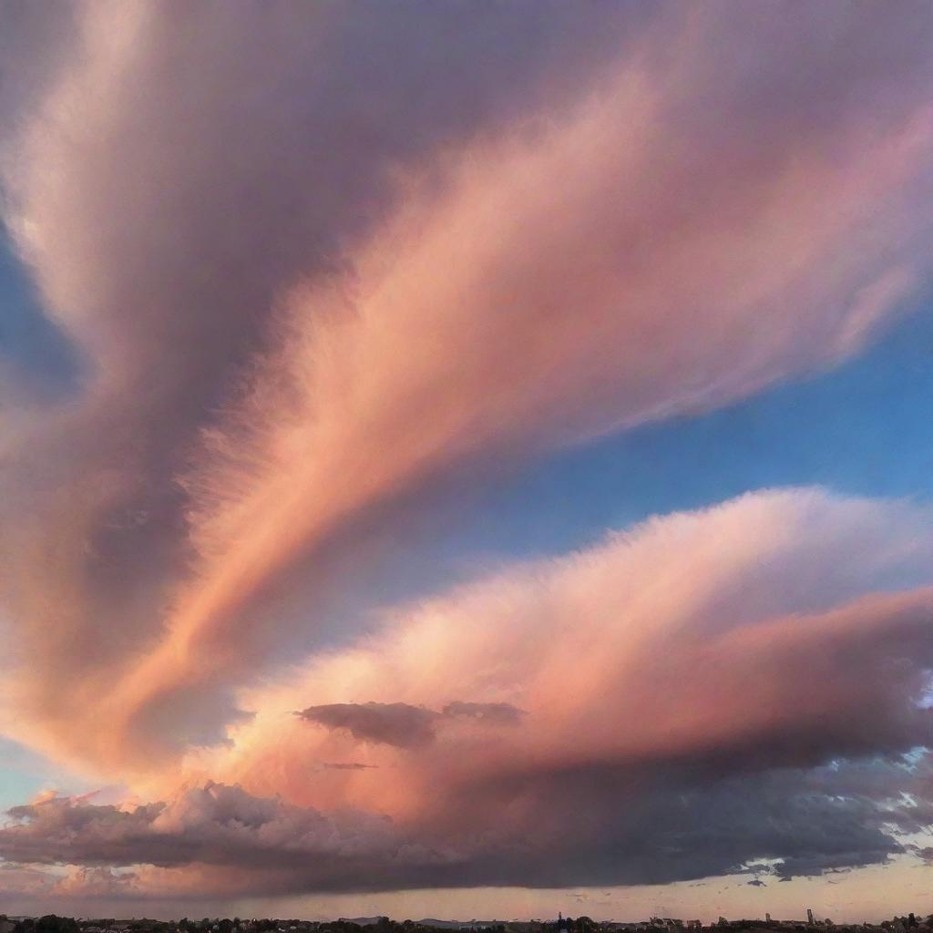 Spectacular sky at sunset with an array of colors shifting from deep orange to soft pink, scattered with wispy clouds, creating a captivating view