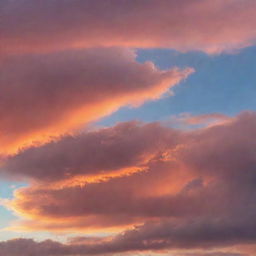 Spectacular sky at sunset with an array of colors shifting from deep orange to soft pink, scattered with wispy clouds, creating a captivating view