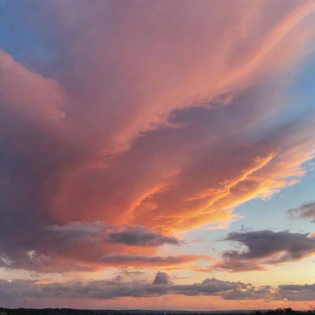 Spectacular sky at sunset with an array of colors shifting from deep orange to soft pink, scattered with wispy clouds, creating a captivating view