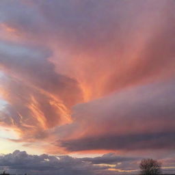 Spectacular sky at sunset with an array of colors shifting from deep orange to soft pink, scattered with wispy clouds, creating a captivating view