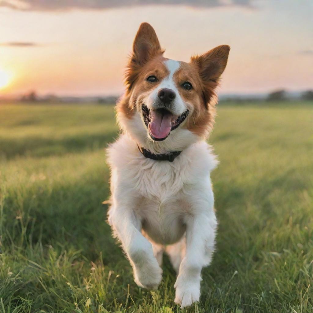 A charming, energetic dog with glossy fur, playing joyously in an open green field under a sky painted with pastel hues of the setting sun.