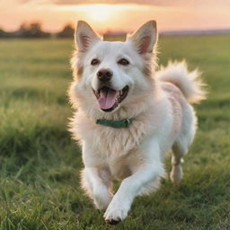 A charming, energetic dog with glossy fur, playing joyously in an open green field under a sky painted with pastel hues of the setting sun.