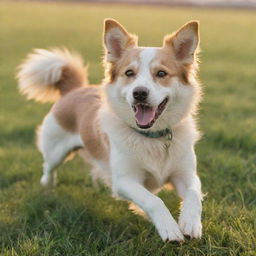 A charming, energetic dog with glossy fur, playing joyously in an open green field under a sky painted with pastel hues of the setting sun.