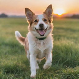 A charming, energetic dog with glossy fur, playing joyously in an open green field under a sky painted with pastel hues of the setting sun.