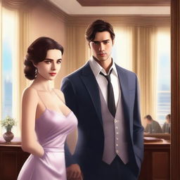 A high-quality digital art image depicts a scene from a romantic novel