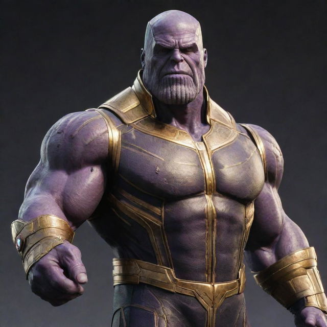 A accurately detailed depiction of Thanos, the Marvel villain, with his infinity gauntlet, standing imposingly.