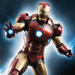 Iron Man in his advanced suit, showcasing a burst of excessive power, with stark, radiant energy emitting from his arc reactor.