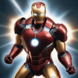 Iron Man in his advanced suit, showcasing a burst of excessive power, with stark, radiant energy emitting from his arc reactor.