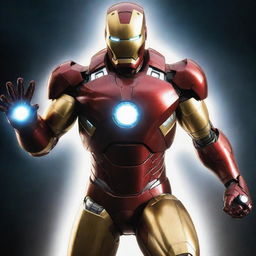 Iron Man in his advanced suit, showcasing a burst of excessive power, with stark, radiant energy emitting from his arc reactor.