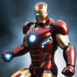 Iron Man in his advanced suit, showcasing a burst of excessive power, with stark, radiant energy emitting from his arc reactor.