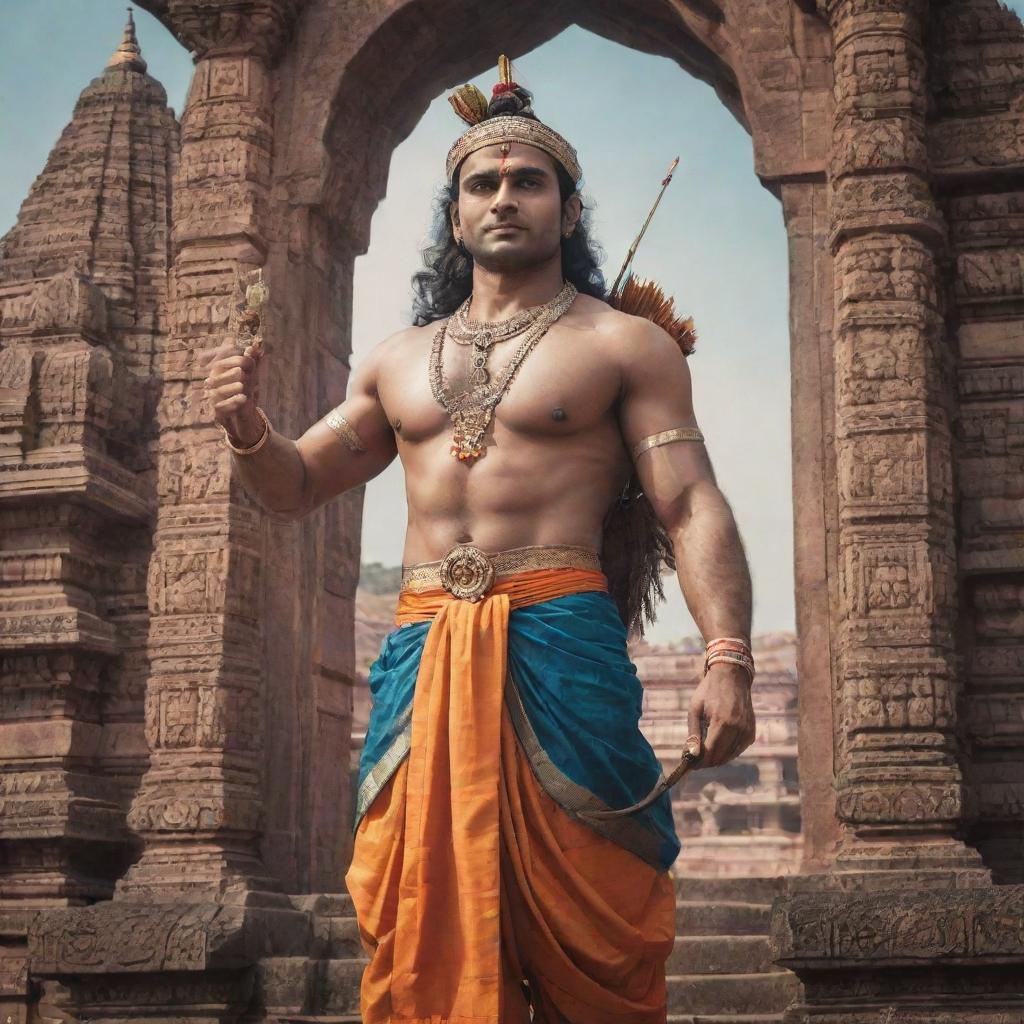 A majestic, divine image of Lord Sri Ram with traditional Indian attire, a bowed arrow in hand, against a backdrop of ancient Hindu temple architecture.