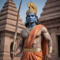 A majestic, divine image of Lord Sri Ram with traditional Indian attire, a bowed arrow in hand, against a backdrop of ancient Hindu temple architecture.