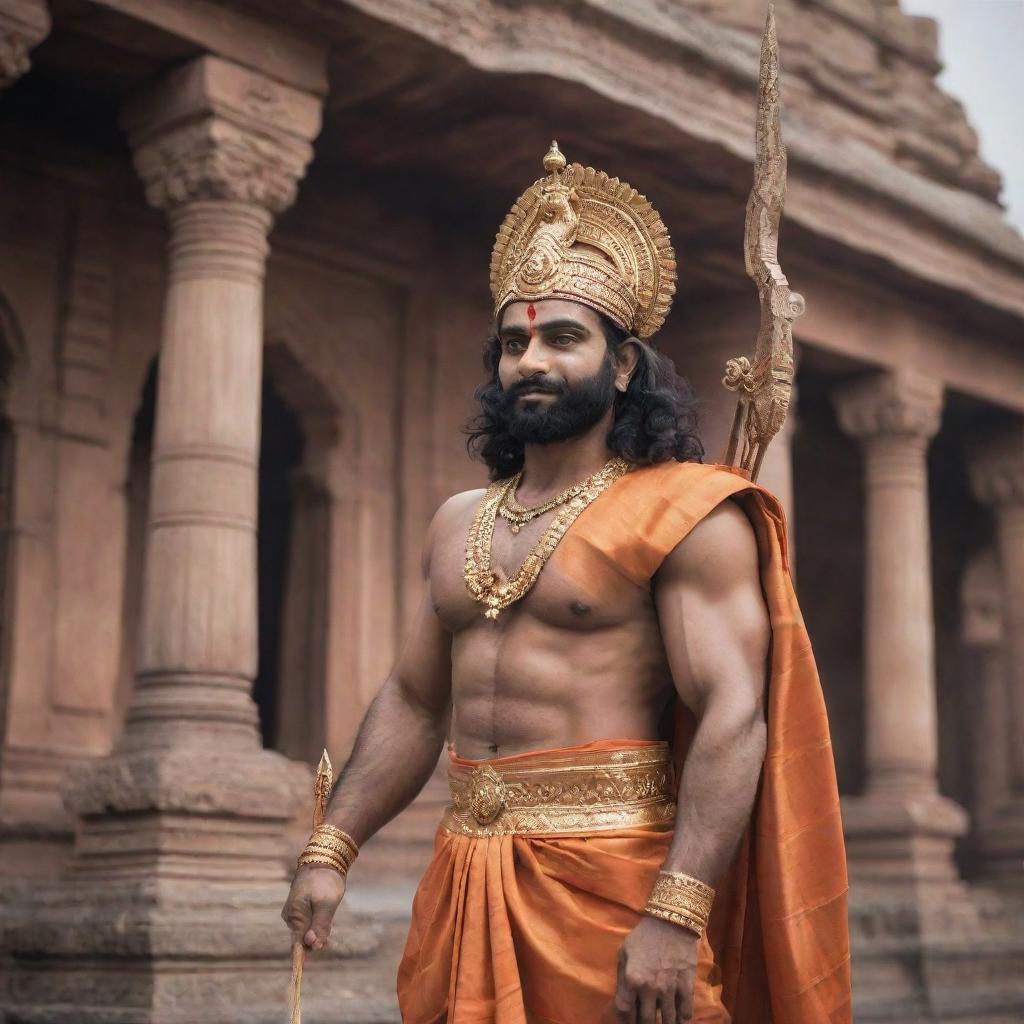 A majestic, divine image of Lord Sri Ram with traditional Indian attire, a bowed arrow in hand, against a backdrop of ancient Hindu temple architecture.