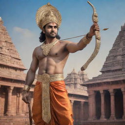 A majestic, divine image of Lord Sri Ram with traditional Indian attire, a bowed arrow in hand, against a backdrop of ancient Hindu temple architecture.