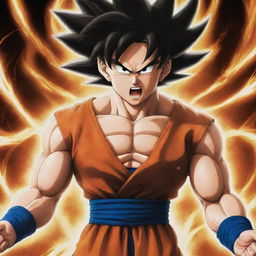 An image of Goku from Dragon Ball series in his most powerful form, body surrounded by crackling, radiant energy.