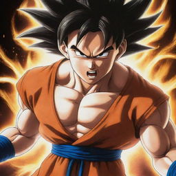 An image of Goku from Dragon Ball series in his most powerful form, body surrounded by crackling, radiant energy.