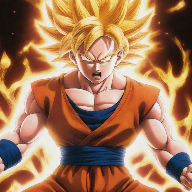 An image of Goku from Dragon Ball series in his most powerful form, body surrounded by crackling, radiant energy.