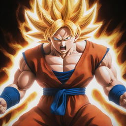 An image of Goku from Dragon Ball series in his most powerful form, body surrounded by crackling, radiant energy.