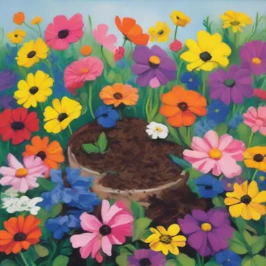 The artist used vibrant colors and bold strokes to depict the beauty of a compost heap surrounded by blooming flowers.