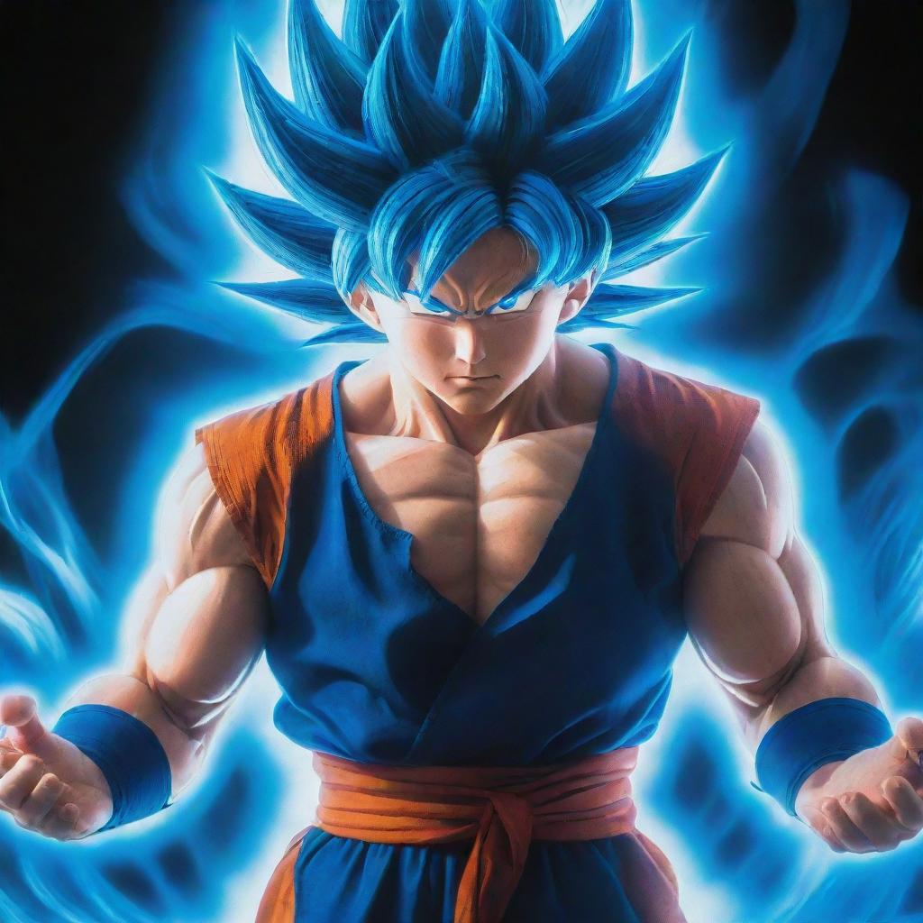 A vivid image of Goku from the Dragon Ball series transforming into his Super Saiyan Blue form, surrounded by an intense, radiant blue aura.