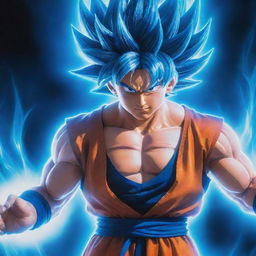 A vivid image of Goku from the Dragon Ball series transforming into his Super Saiyan Blue form, surrounded by an intense, radiant blue aura.