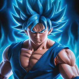 A vivid image of Goku from the Dragon Ball series transforming into his Super Saiyan Blue form, surrounded by an intense, radiant blue aura.