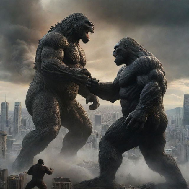 A dramatic scene where Godzilla and King Kong are locked in an epic battle, showcasing their size and might amidst a cityscape.