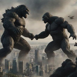 A dramatic scene where Godzilla and King Kong are locked in an epic battle, showcasing their size and might amidst a cityscape.