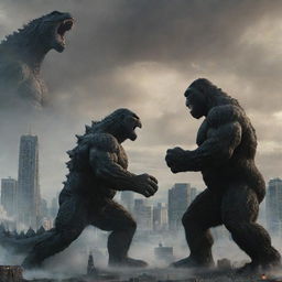 A dramatic scene where Godzilla and King Kong are locked in an epic battle, showcasing their size and might amidst a cityscape.