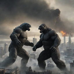 A dramatic scene where Godzilla and King Kong are locked in an epic battle, showcasing their size and might amidst a cityscape.