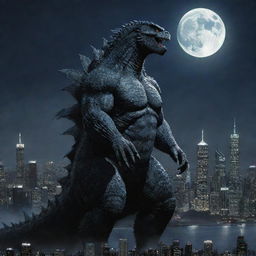 A detailed depiction of Godzilla, the iconic monstrous creature, towering over a cityscape, its scales shimmering in the moonlight.