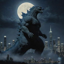 A detailed depiction of Godzilla, the iconic monstrous creature, towering over a cityscape, its scales shimmering in the moonlight.