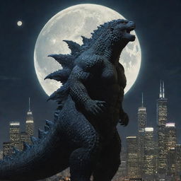 A detailed depiction of Godzilla, the iconic monstrous creature, towering over a cityscape, its scales shimmering in the moonlight.