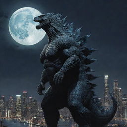 A detailed depiction of Godzilla, the iconic monstrous creature, towering over a cityscape, its scales shimmering in the moonlight.