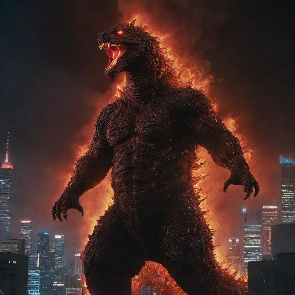 A vivid representation of Shin Godzilla in his fourth form, a nightmarish creature towering over a neon-lit cityscape, breathing atomic fire.