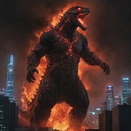 A vivid representation of Shin Godzilla in his fourth form, a nightmarish creature towering over a neon-lit cityscape, breathing atomic fire.