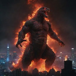 A vivid representation of Shin Godzilla in his fourth form, a nightmarish creature towering over a neon-lit cityscape, breathing atomic fire.