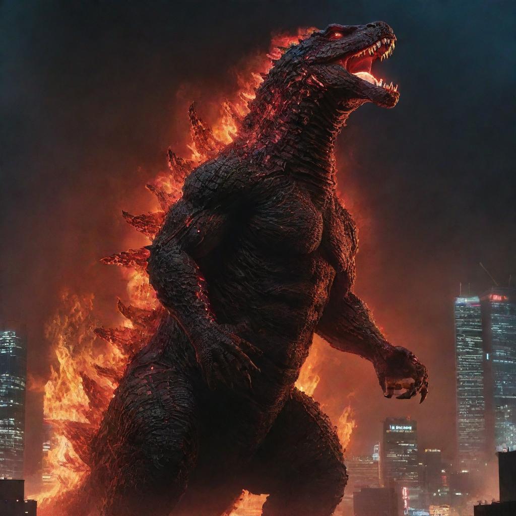 A vivid representation of Shin Godzilla in his fourth form, a nightmarish creature towering over a neon-lit cityscape, breathing atomic fire.