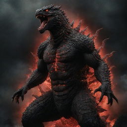 A detailed and ominous depiction of Shin Godzilla, a representation of the iconic monster with glowing red fissures tracing its obsidian-black body.