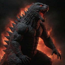 A detailed and ominous depiction of Shin Godzilla, a representation of the iconic monster with glowing red fissures tracing its obsidian-black body.