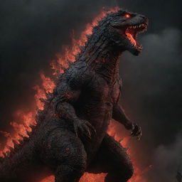 A detailed and ominous depiction of Shin Godzilla, a representation of the iconic monster with glowing red fissures tracing its obsidian-black body.