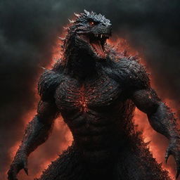 A detailed and ominous depiction of Shin Godzilla, a representation of the iconic monster with glowing red fissures tracing its obsidian-black body.