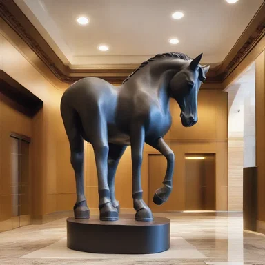 The architect incorporated an iron horse sculpture into the lobby design of the building.