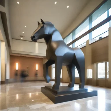 The architect incorporated an iron horse sculpture into the lobby design of the building.