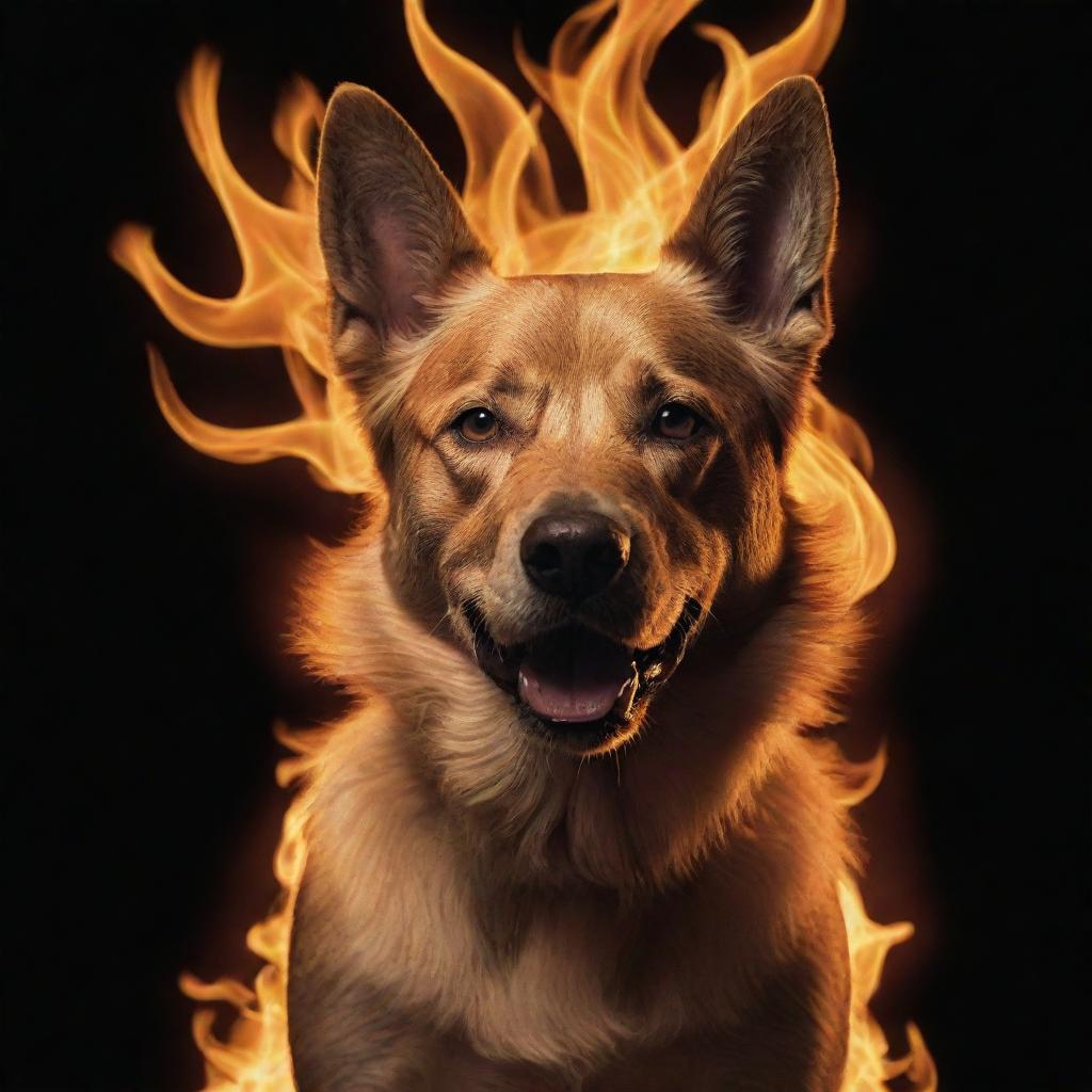 A spectacular image of a dog made entirely of dynamic, flickering flames.