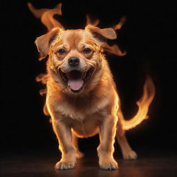 A spectacular image of a dog made entirely of dynamic, flickering flames.