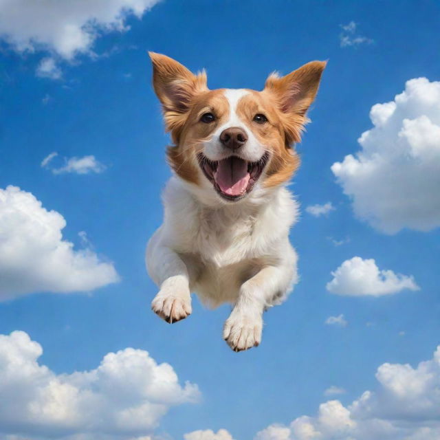 A whimsical image of a cheerful dog flying through a clear blue sky with fluffy, cotton-like clouds.