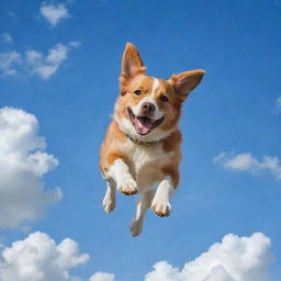 A whimsical image of a cheerful dog flying through a clear blue sky with fluffy, cotton-like clouds.