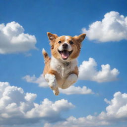 A whimsical image of a cheerful dog flying through a clear blue sky with fluffy, cotton-like clouds.