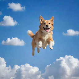 A whimsical image of a cheerful dog flying through a clear blue sky with fluffy, cotton-like clouds.